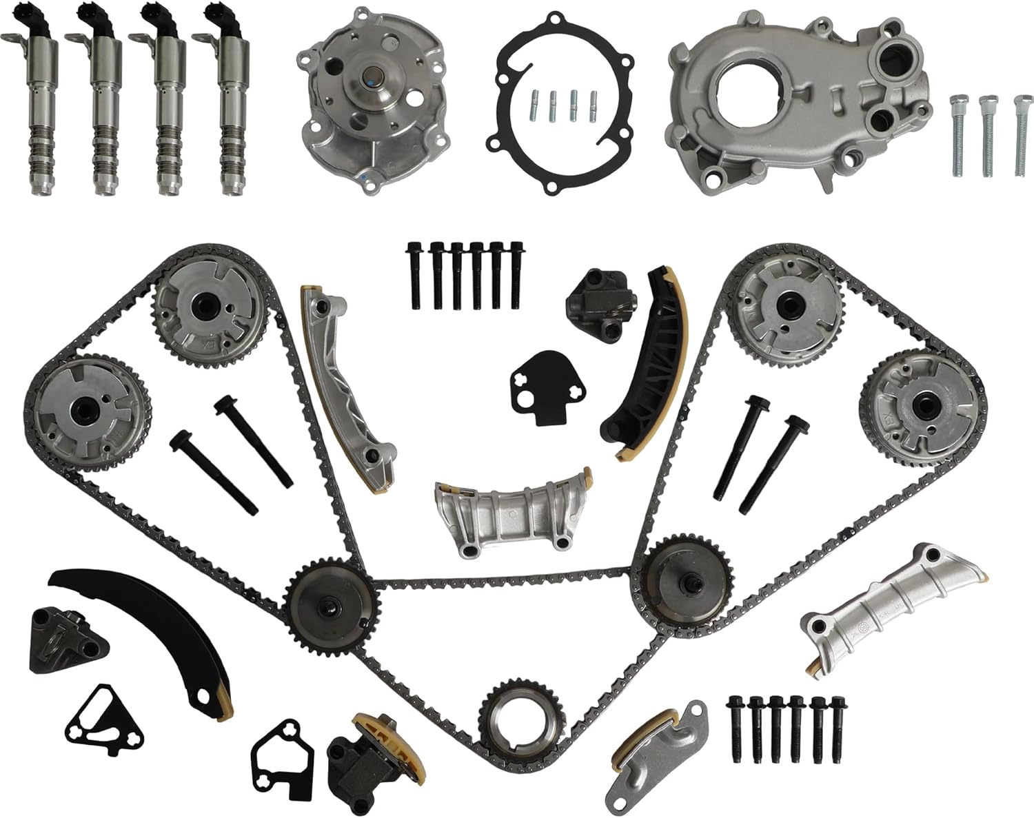 9-0753S 3.6 Timing Chain Kit & VVT & Solenoid With Water Pump & Oil Pump Fit For Cadillac ATS SRX STS CTS XTS Chevy Camaro Buick Pontiac G6 G8 GMC Terrain 3.0L 3.2L 3.6L V6 2007-2021