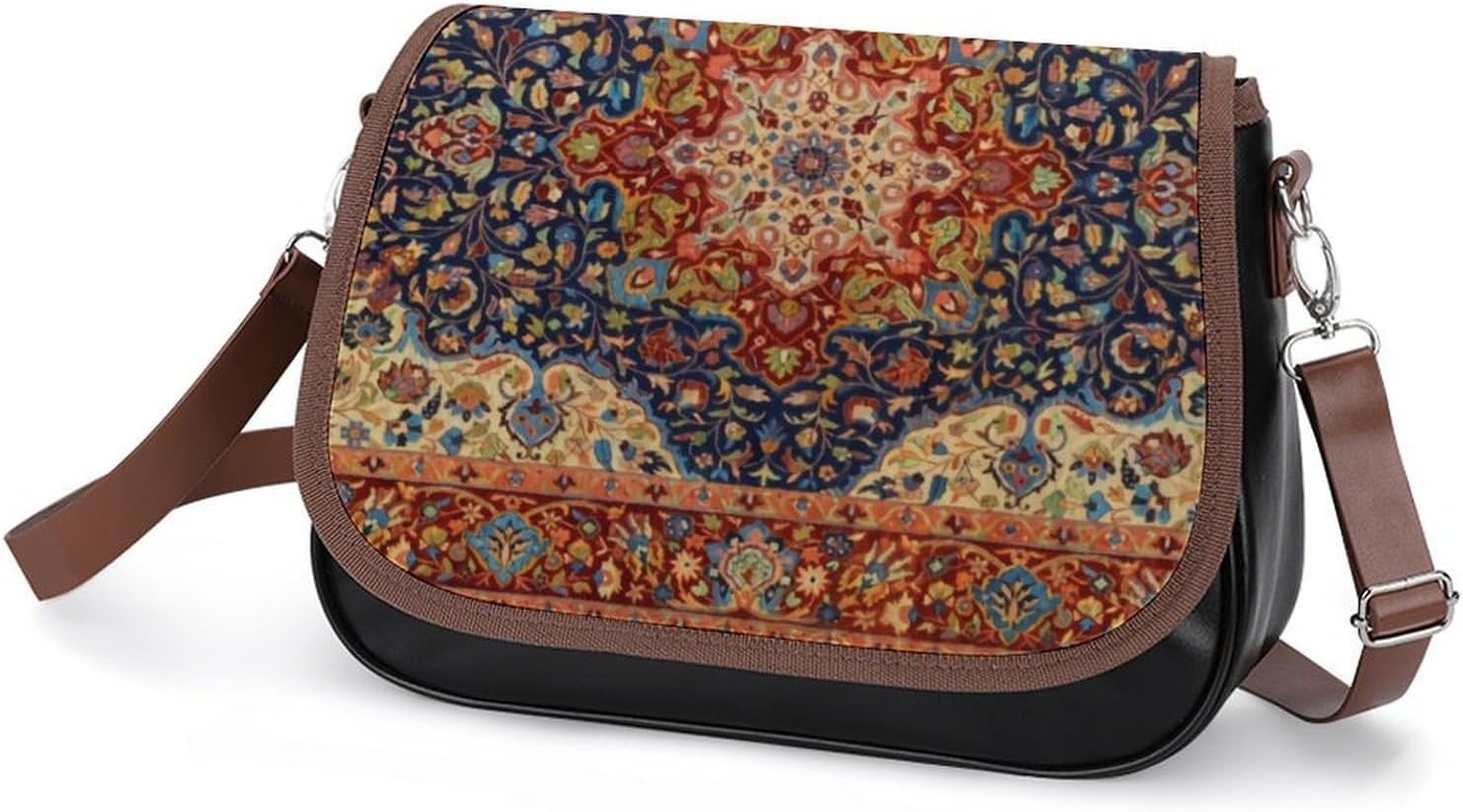 Oriental Turkish Carpet PatternWomen's Faux Leather Crossbody Bag, Waterproof Wrinkle-Resistant Shoulder Bag with Detachable Strap, Large Capacity Casual Handbag, Fashion Daily Purse for Shopping Work