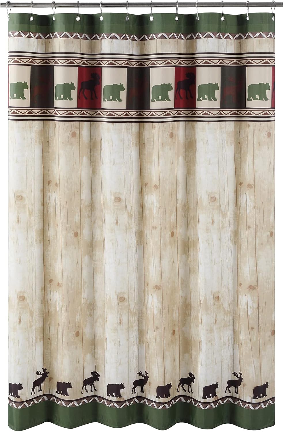 Woodland Vintage Bear Polyester Fabric Farmhouse Classic Lodge Deer Dk Green Printed Wood Grain Waterproof Shower Curtain for Bathroom,72" W x Extra 78" L