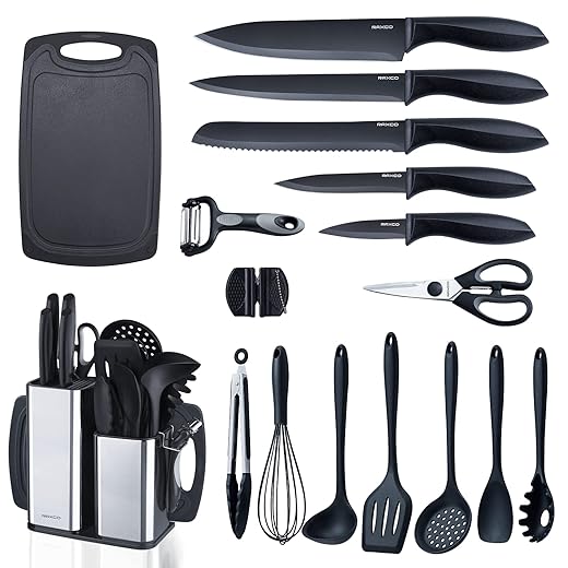 RAXCO Kitchen Utensils Set,18-Piece Cooking Tools and Sharp Knives,Stainless Steel Holder and Cutting Board