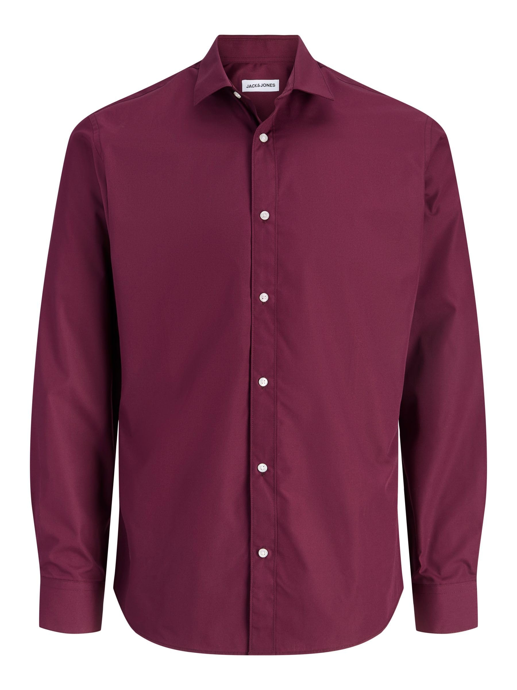 JACK & JONES Men’s Long Sleeve Shirt, Plain Cotton Button-Down Casual Shirt with Full Front Fastening and Classic Collar – Smart Casual Style Shirt, Wine Colour, UK Size - S