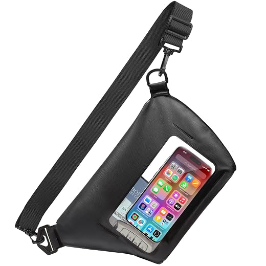 F-color Waterproof Bag for Kayaking - Waterproof Crossbody Bag Keep Your Valuables Safe and Dry, Large Waterproof Sling Bag with Clear Window for Phone Screen Touchable and Taking Photos, Black
