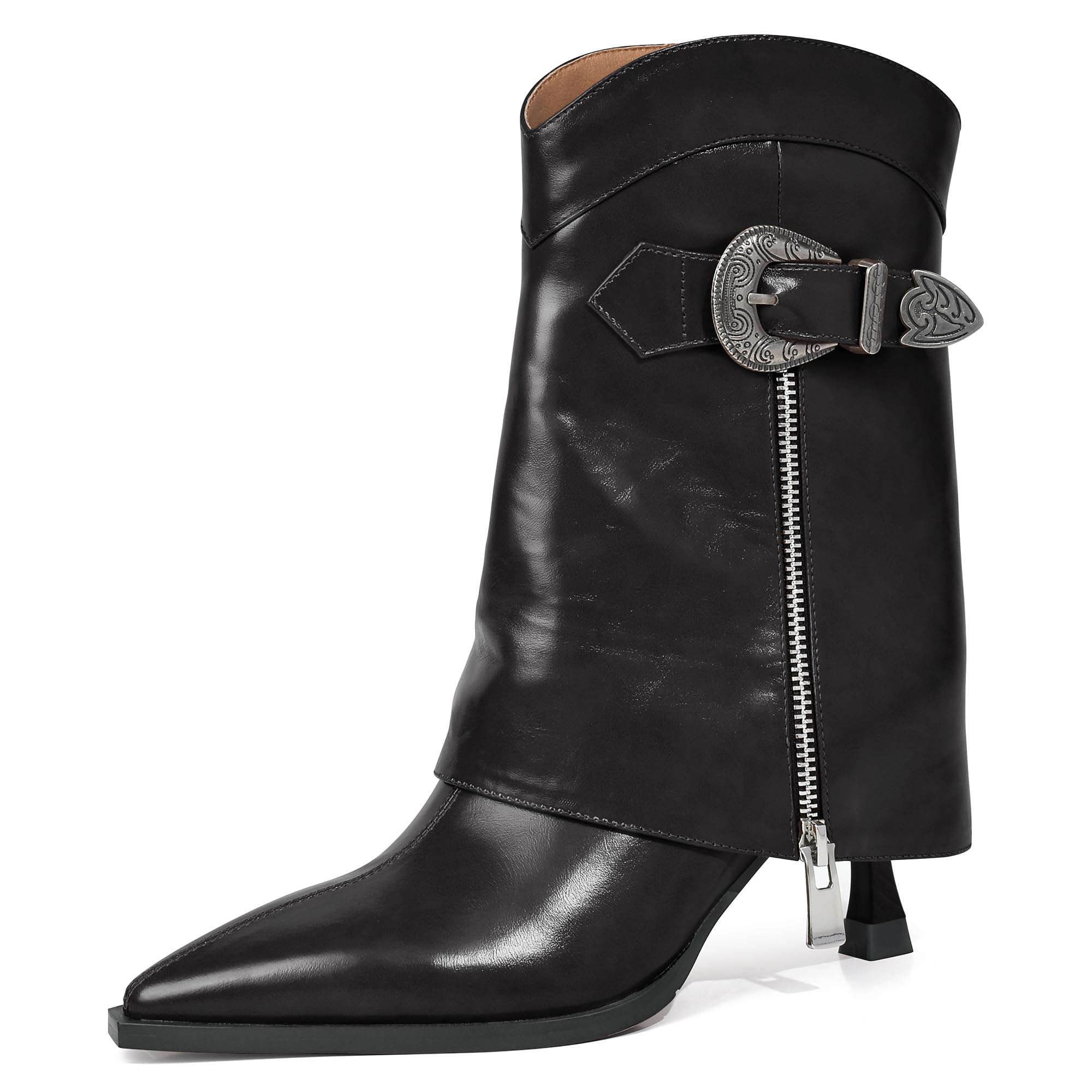 XINIUNIU Womens Ankle Boots Kitten Heel Fold Over Pointed Toe Metal Buckle Side Zipper 2 75 Inch Heel
