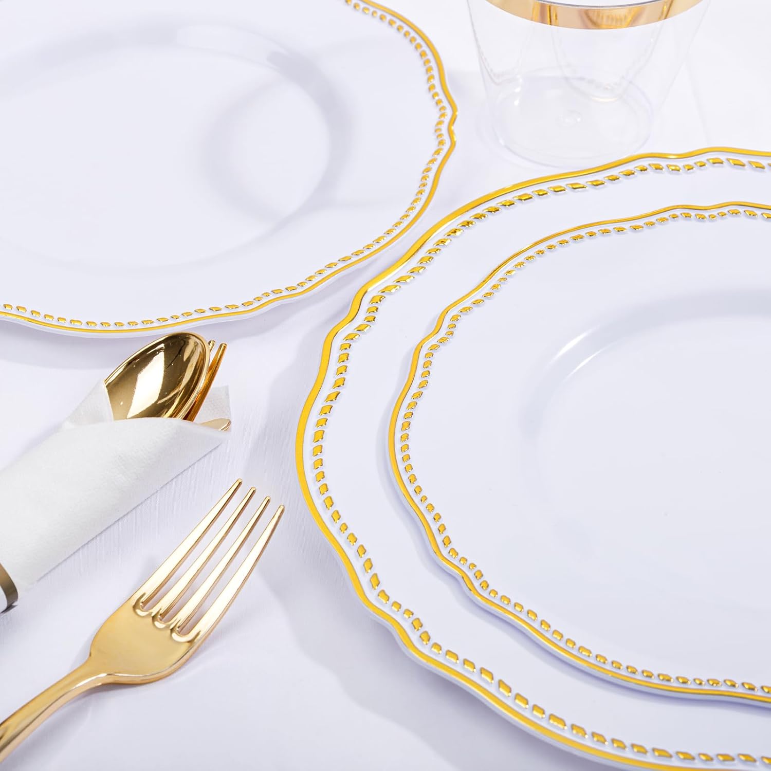 Hioasis 175pcs White and Gold Plastic Plates - Gold Plastic Dinnerware Set Includes 25 Dinner Plates, 25 Dessert Dinnerware, 25 Cups, 25 Rolled Napkin Cutlery Perfect for Wedding & Party - Image 5
