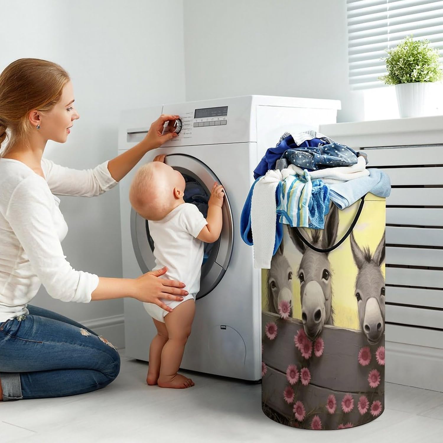 Donkey And Flower Laundry Hamper with Handles Waterproof Collapsible Laundry Basket Large Lightweight Round Dirty Clothes Hamper for Home Dorm Bathroom Decor