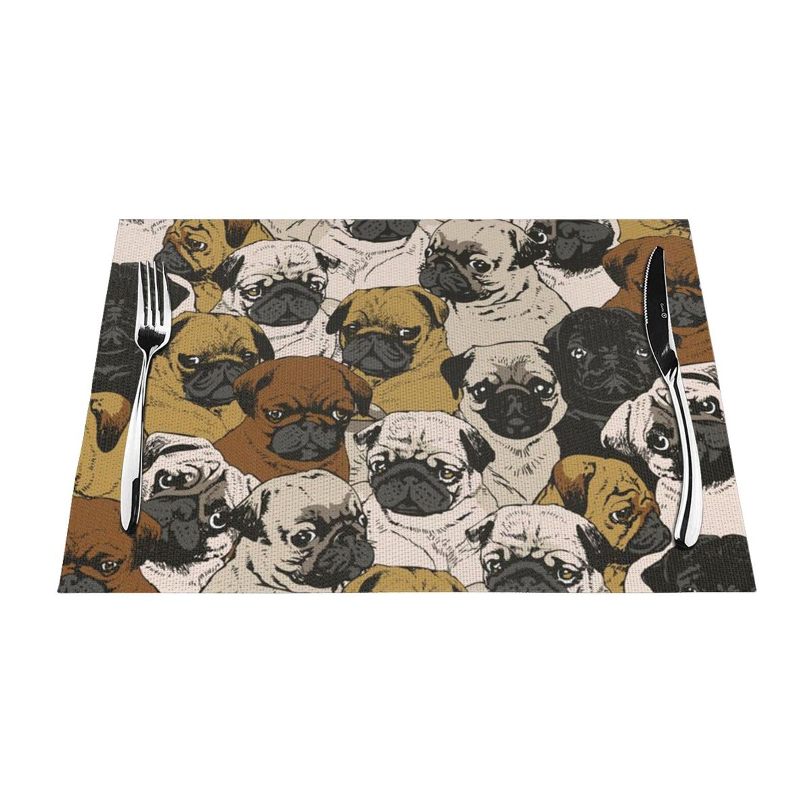 PVC Placemat Set of 4 PCS, 45x30 CM, Imagen De Pug Printed Non-Slip Heat Resistant Place Mats for Kitchen Dining Table Indoor Outdoor