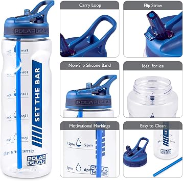 Polar Gear 750ml Tracker Water Bottle With Straw - BPA-Free & Reusable With Time Markings – Perfect for Running Gym, Cycling & Work, Navy
