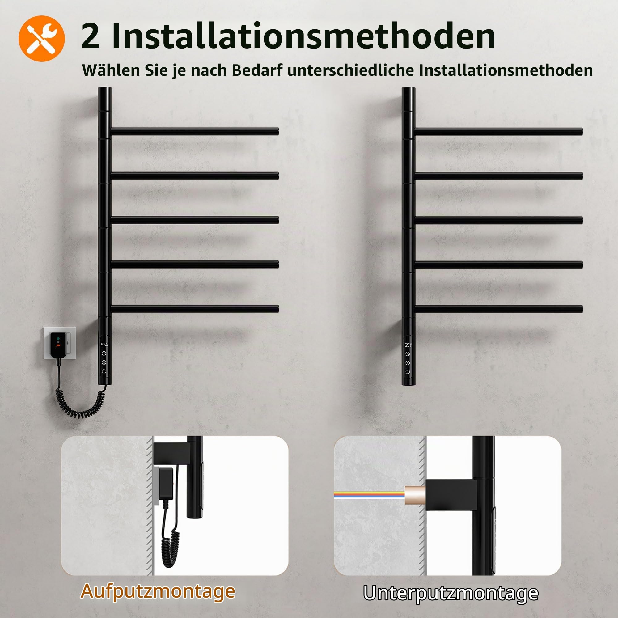 Badheizkörper Elektrisch, 415x680mm, 85W, 180° Drehung Handtuchheizkörper Elektrisch, Schwarz Handtuchheizkörper, Heizkörper Bad, Badheizkörper Handtuchhalter, mit Timer und Thermostat-G63 WiFi Black