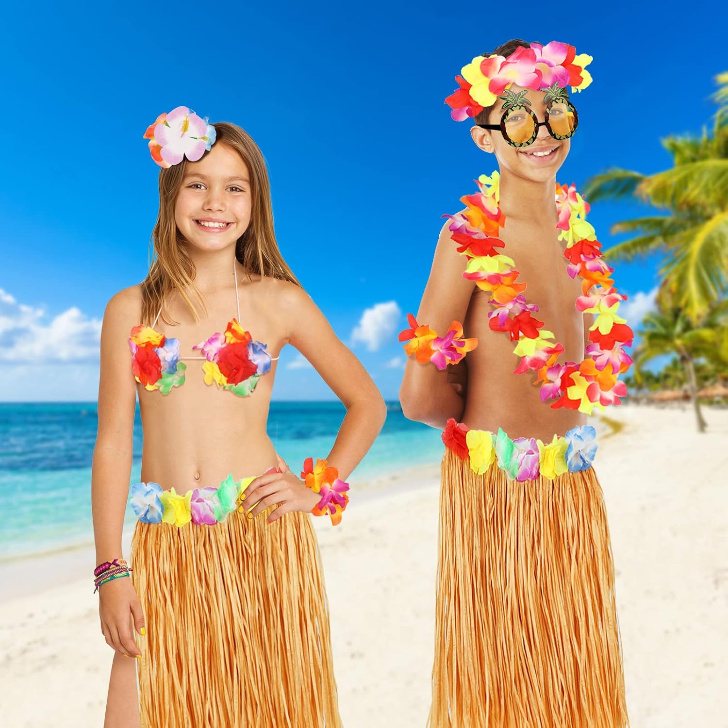 PHOGARY 8 PCS Hula Skirt Costume Accessory Kit Luau Party Dress Up for Girls, Hawaiian Hula Dancing Skirt Set