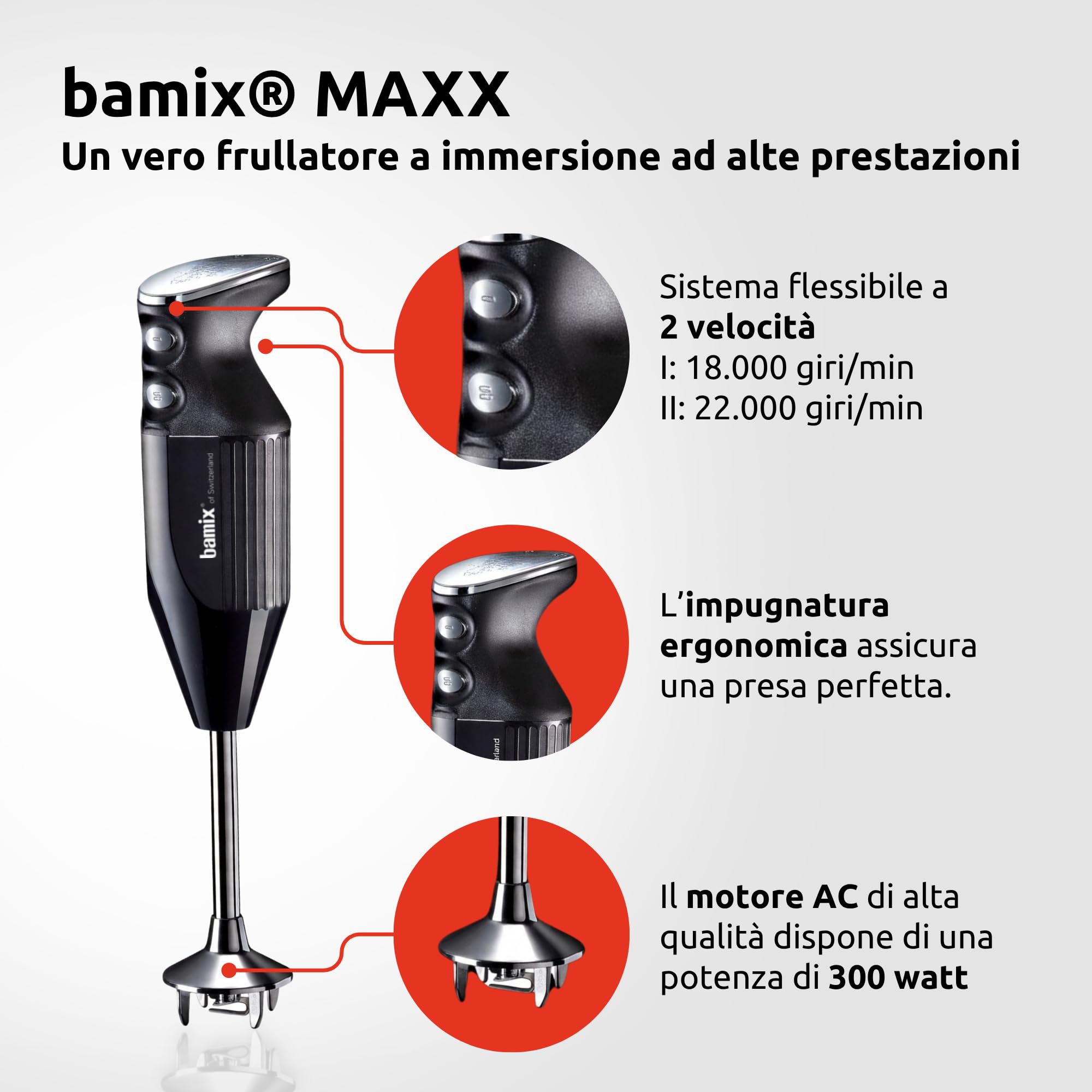 bamix Frullatore a immersione M350 MAXX incl. lama multiuso, per carni e verdure, frusta, frullino in acciaio inox, 300 watt, 2 velocità, Made in Switzerland, Nero/cromo