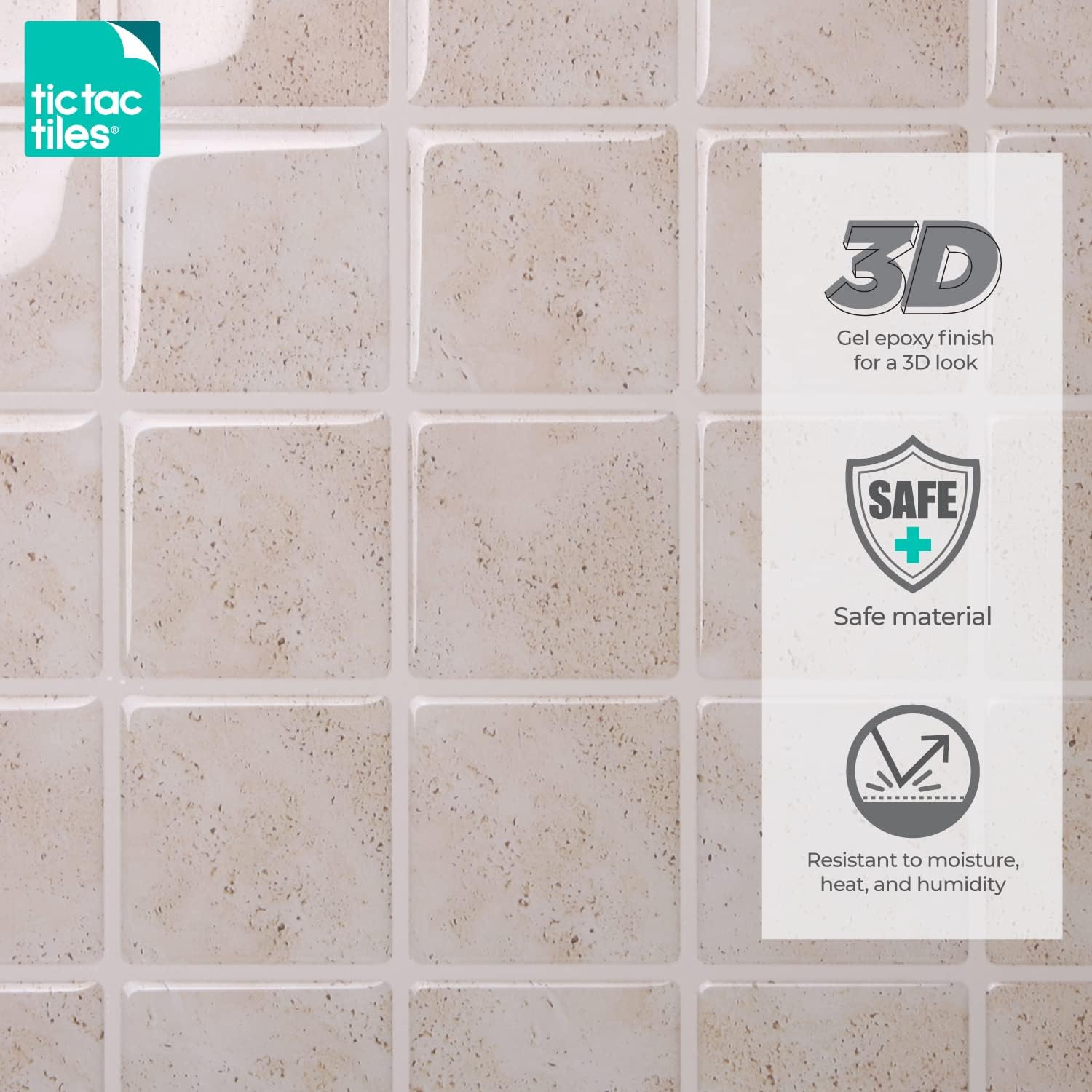 Tic Tac Tiles Peel and Stick Self Adhesive Removable Stick On Kitchen Backsplash Bathroom 3D Wall Tiles in Big Square Designs (5, Marmo Travertine)