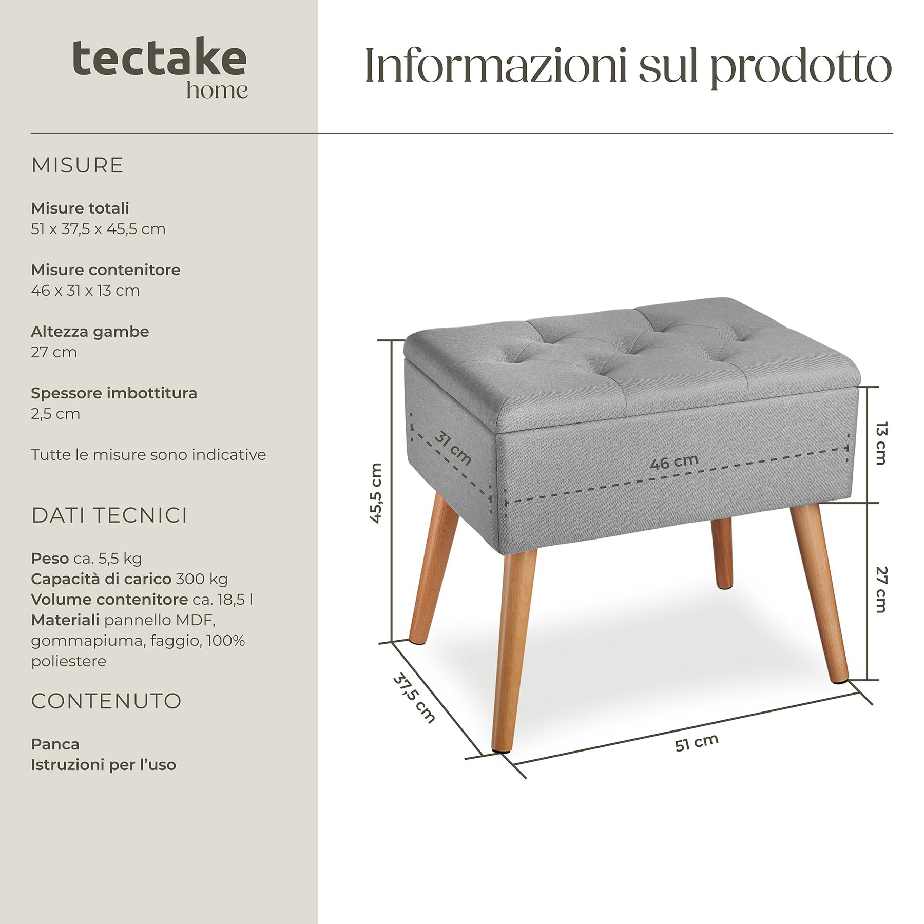 tectake® Panchina Imbottita, Rivestimento Effetto Lino, Scomparto Interno, Gambe in Faggio Massiccio, Capacità 300 Kg, Misure 51x37,5x45,5 cm - Grigio Chiaro