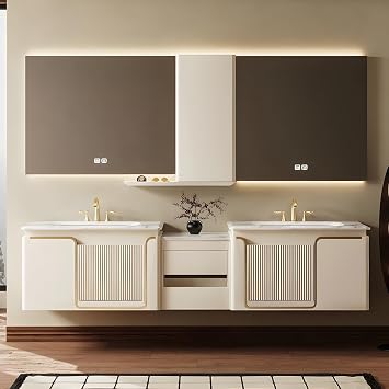 Bathroom Vanity with Double Sink, 64IN Bathroom Vanities Set with Defogging Mirror, Solid Wood Floating Bathroom Cabinet with Drawers and Luxurious Marble Top, Wall-Mount Bath Sink VanityWhite