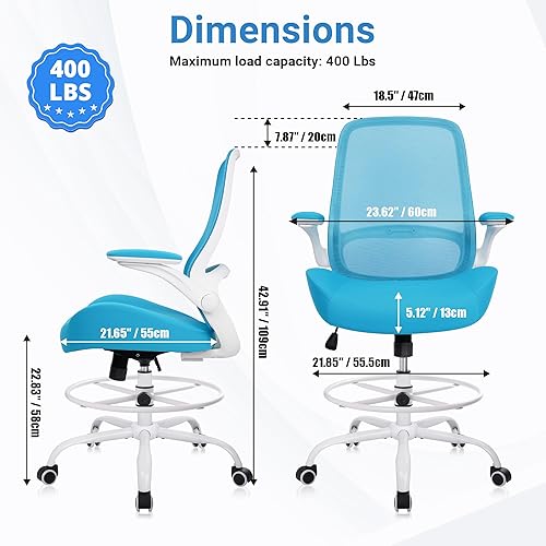 Vista 2 de HYLONE Silla de dibujo alta de oficina con reposabrazos abatibles, silla ergonómica para computadora con soporte lumbar, reposapiés ajustable, Azul