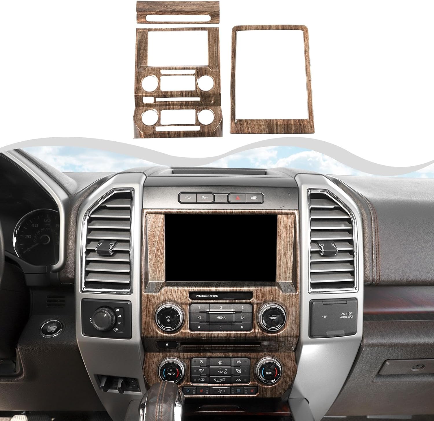 3Pcs Interior Trim Kit Fit for F150 2015-2020, Central Control Navigation Panel/Emergency Light Control Switch/Storage Compartment Decorative Frame