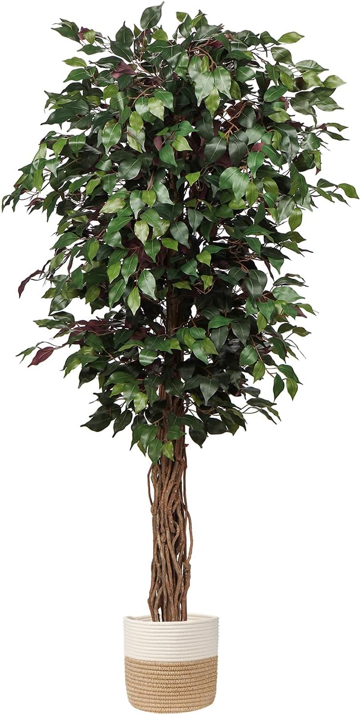 plant Artificial Ficus Tree 6ft in Pot Fake Silk Plant Green Red Leaves Natural Trunk for Indoor Outdoor Home Garden Decor Green 6 feet