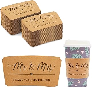 Sparkle and Bash Hot Coffee Sleeves - 5 x 4.3 x 2.5 in, Natural Paper, Disposable, 50 Count - Mr. & Mrs Wedding Cup Sleeve - Coffee Bar Accessories for Wedding
