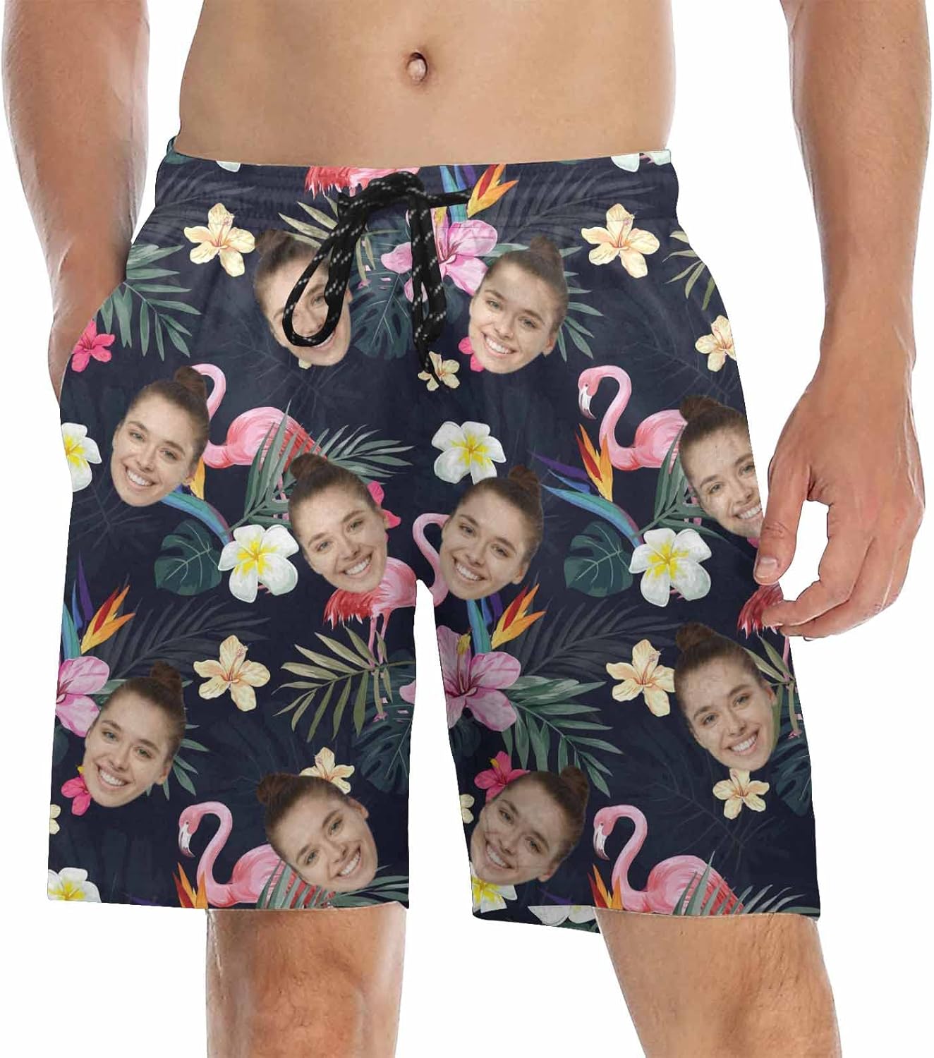 Custom Flamingo Men's Swim Trunks with Face Personalized Board Shorts for Men,Beach Swim Shorts Summer Swimwear Photo Gifts