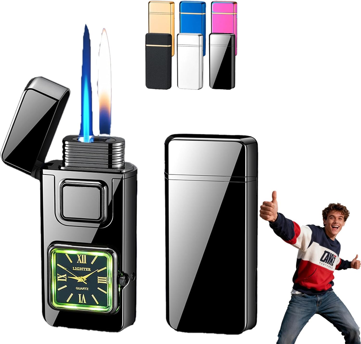 Multifunctional Creative Lighter with Integrated Watch, 2 in 1 Windproof Adjustable Refillable Jet Flame Lighters, Voice-Activated Dual-Fire Lighter, 5 Lgnition Modes for Men (2PCS-B)