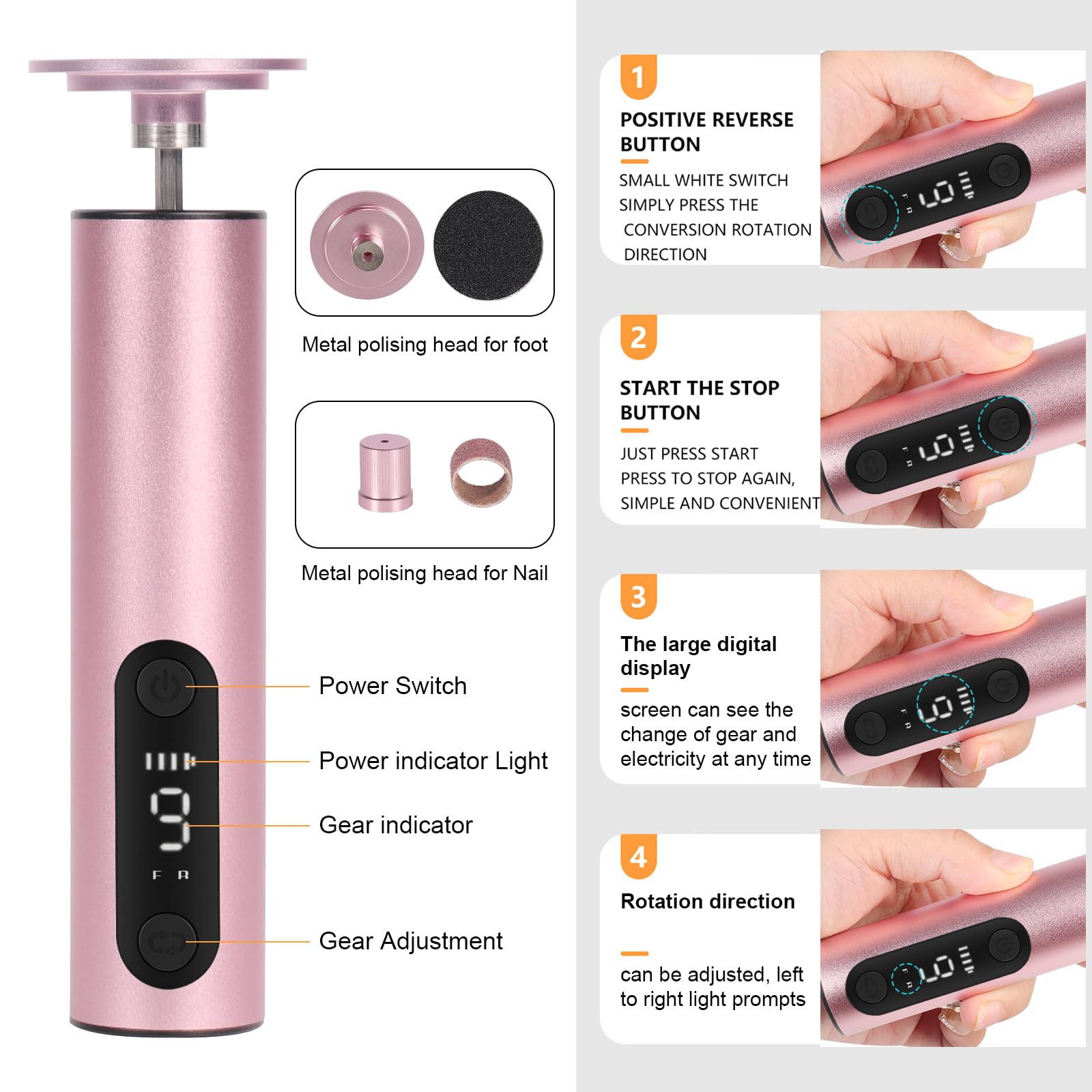 Jianyana 2 In 1 Rechargeable RâPe à Pieds PéDicure Electrique Anti-Callosité Lime Pieds Avec 9 Vitesses Réglables écran numérique （Rose）