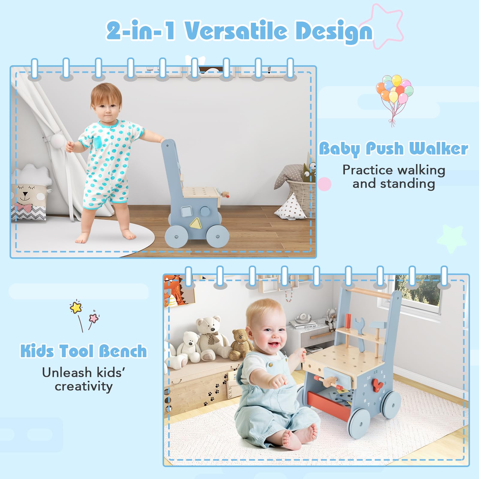 FANTASK Montessori, carrello 2 in 1, girello in legno, tavolo da lavoro per bambini a partire da 1 anno