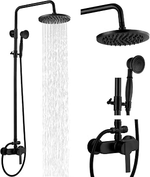 Airuida Exposed Shower System, 8 Inch Rainfall Shower Head with Handheld Spray, Single Handle Wall Mount Shower Faucet Set, Solid Brass Dual Function Exposed Pipe Fixture for Bathroom,Matte Black