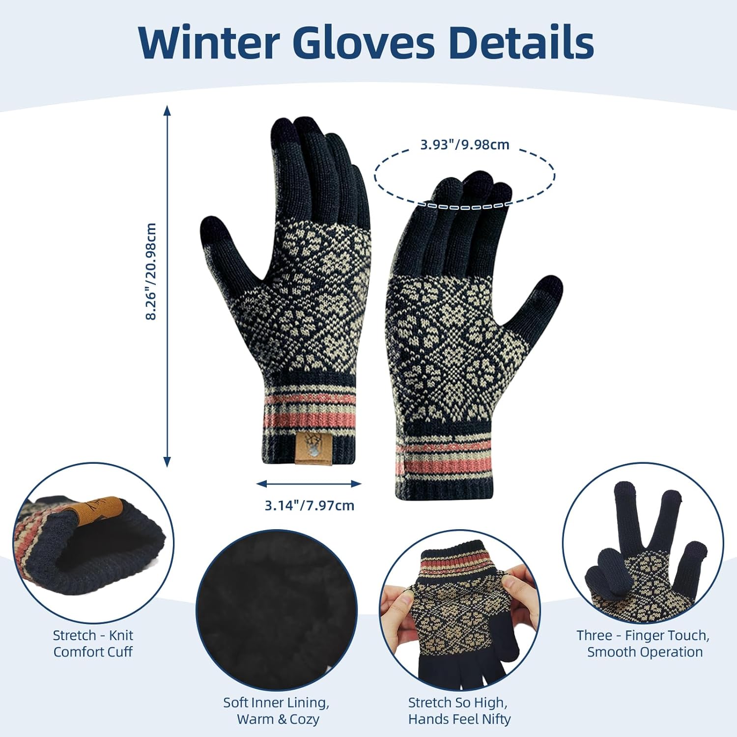 Womens Winter Beanie Hat Long Scarf and Touchscreen Gloves 3Pieces Fleece Lined Skull Caps with Pompom Neck Scarves Set - Image 3