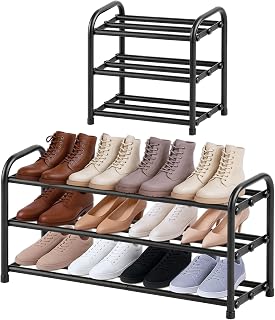 Adjustable Small Shoe Rack, Black Metal, 3 Shelves | shoe racks adjustable width 45-80cm, mounting time 5 minutes, freestanding shoe covers for closet, bedroom or outdoor