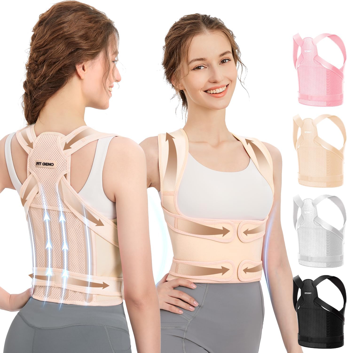 Fit Geno Back Brace Posture Corrector for Men & Women: Shoulder Straightener Adjustable Full Back Support Pain Relief - Scoliosis Hunchback Spine Corrector (Small)