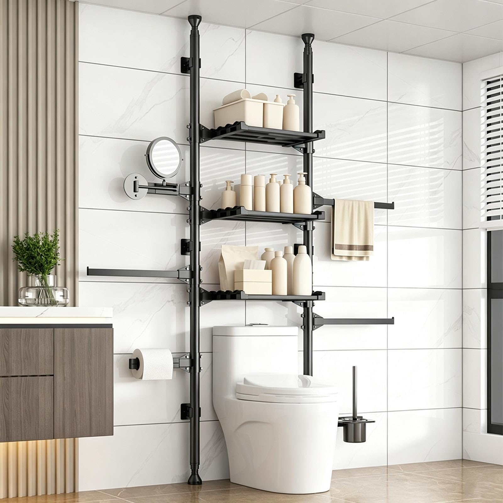 3 Niveles Organizador de Baño con Barra de Tensión para Sobre el Inodoro