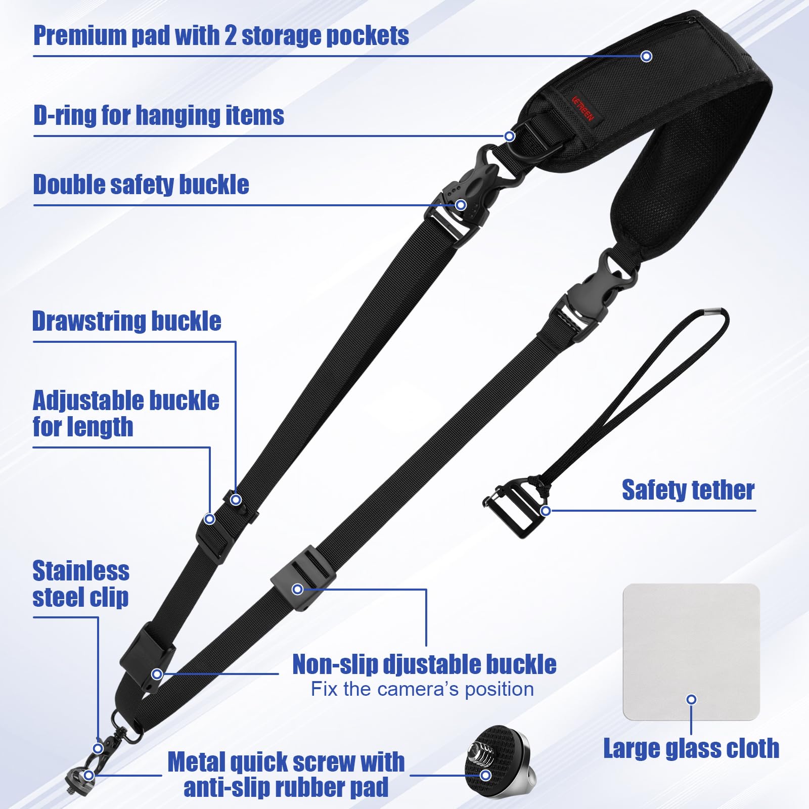 LETREEN Camera Strap, Anti-slip Shoulder Strap with Quick Release & Safety Tether, Adjustable Camera Sling for Nikon, Sony, Fuji DSLR