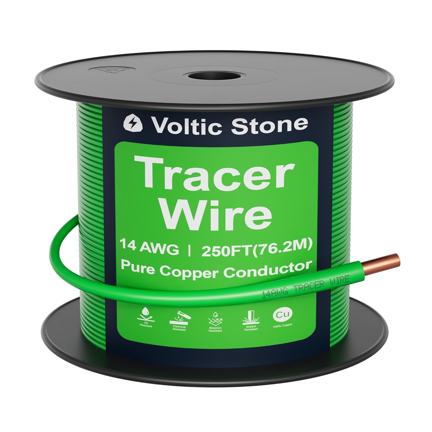 14 AWG Green Sewer Line Tracer Wire, True Gauge 100% Solid Copper Direct Burial Underground Locating Cable, 30/600V Rated, HDPE Jacket, Corrosion-Resistant for Drain & Septic Systems