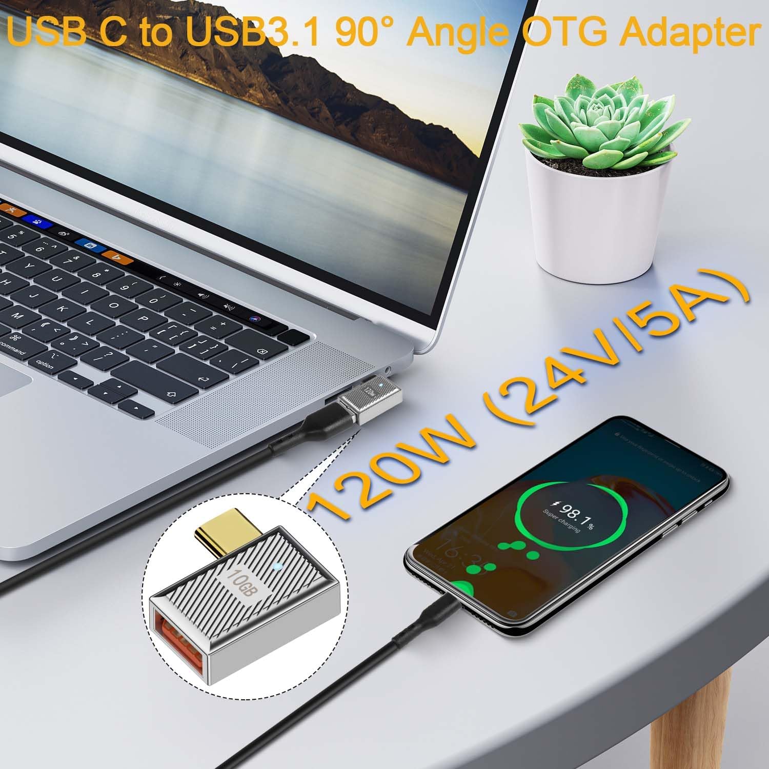 QIANRENON 10Gbps USB C to USB3.1 90° Angle OTG Adapter 120W Type C Male to USB3.1 Female Right Angle Charger Data Connector, Zn Alloy/LED Light, for Phone Laptop Tablet, Silvery/Side Bend, 2Pcs image 3