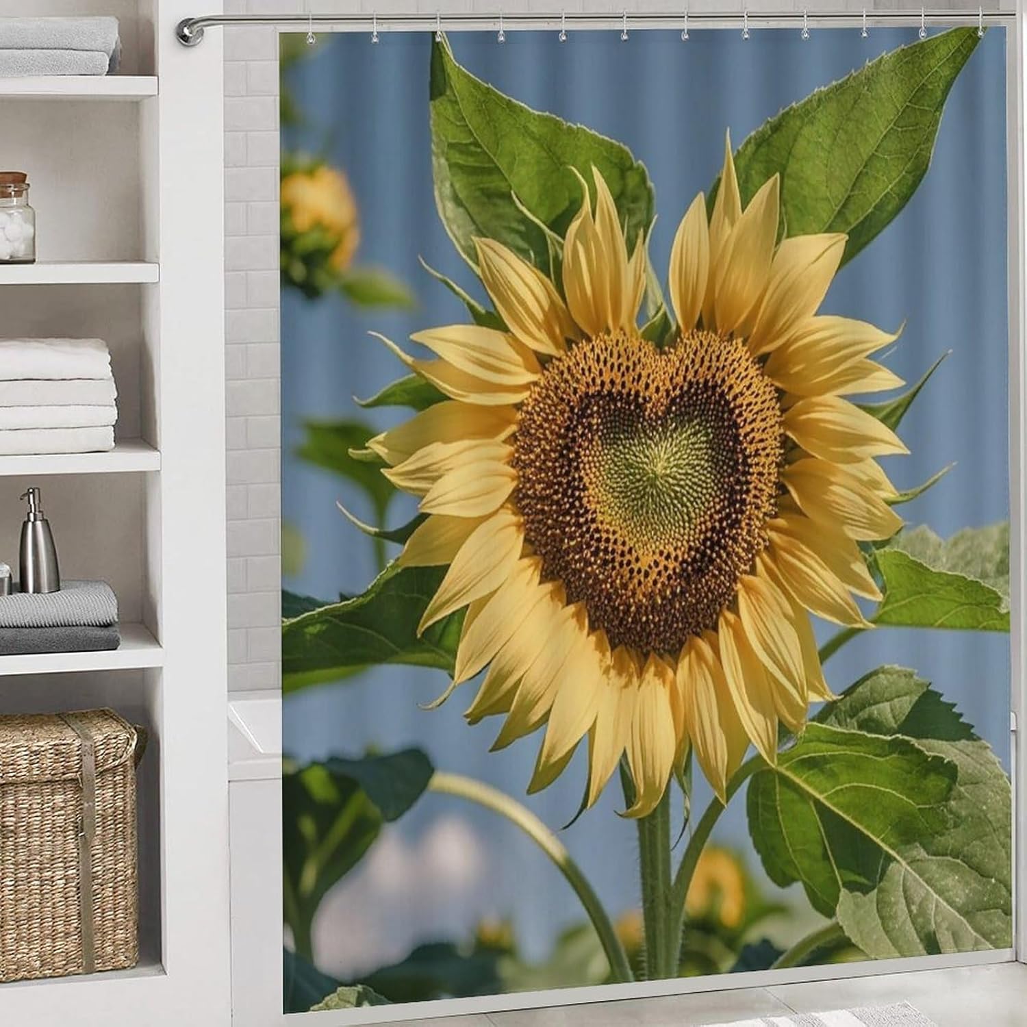 Heart Shaped Sunflower Shower Curtain Set 4 Piece, Non-Slip Bath Mat with Toilet Lid Cover and Waterproof Shower Curtain with 12 Hooks, Complete Bathroom Set for Home Decor