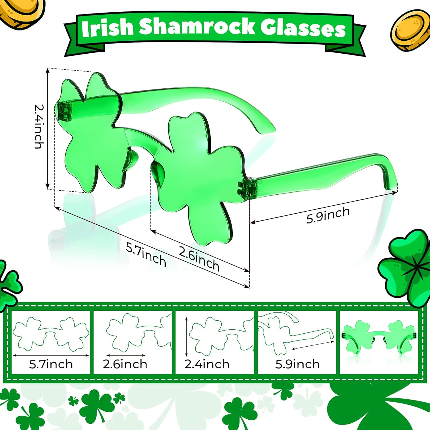 Yilloog 50 Pairs St Patricks Day Accessories Irish Shamrock Glasses Green Clover Design Lucky Plastic Glasses for Women Men Party Props Decorations Favor