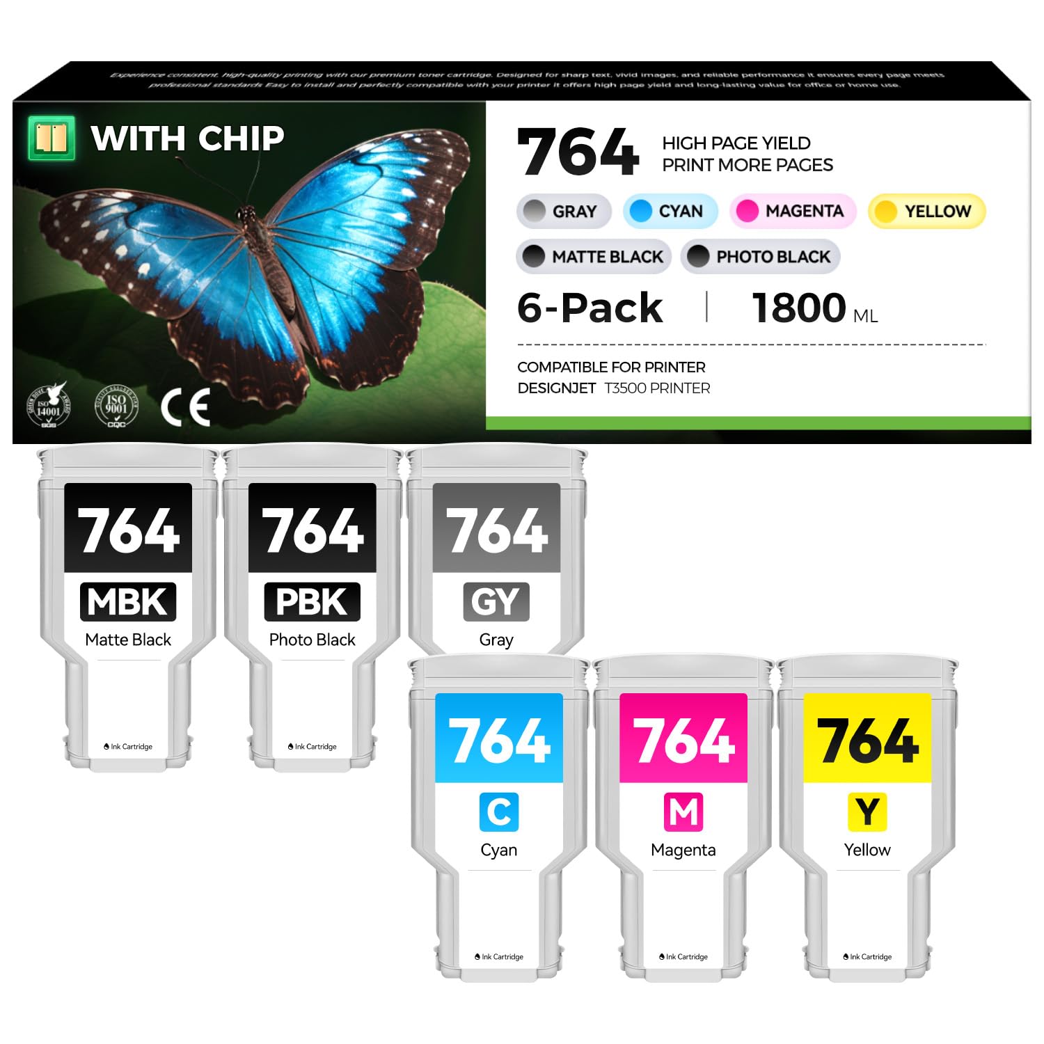 764 Ink Cartridges Set 6-Pack 300ML with Chip High Yield Replacement for HP 764 Ink Cartridge Compatible with HP DesignJet T3500 Large Format Printer (Photo Black/Matte Black/Gray/Cyan/Magenta/Yellow)