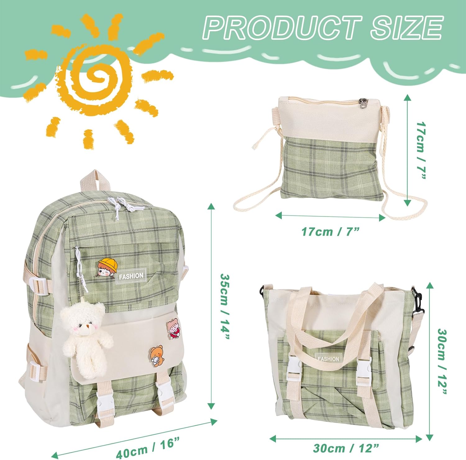 5Pcs Canvas School Backpack Combo Set with Kawaii Bear Pendant Cute Pins Plaid Check Handle Shoulder Bag Schoolbag - Image 2