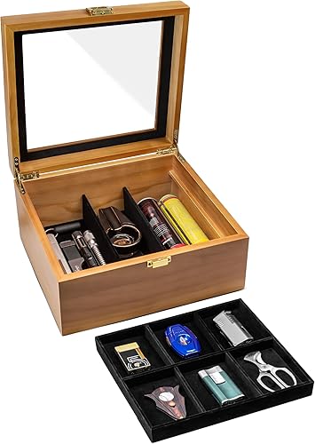 Flauno Caja de accesorios para puros, organizador de accesorios de cigarros de madera, caja de almacenamiento superior de vidrio de gran capacidad