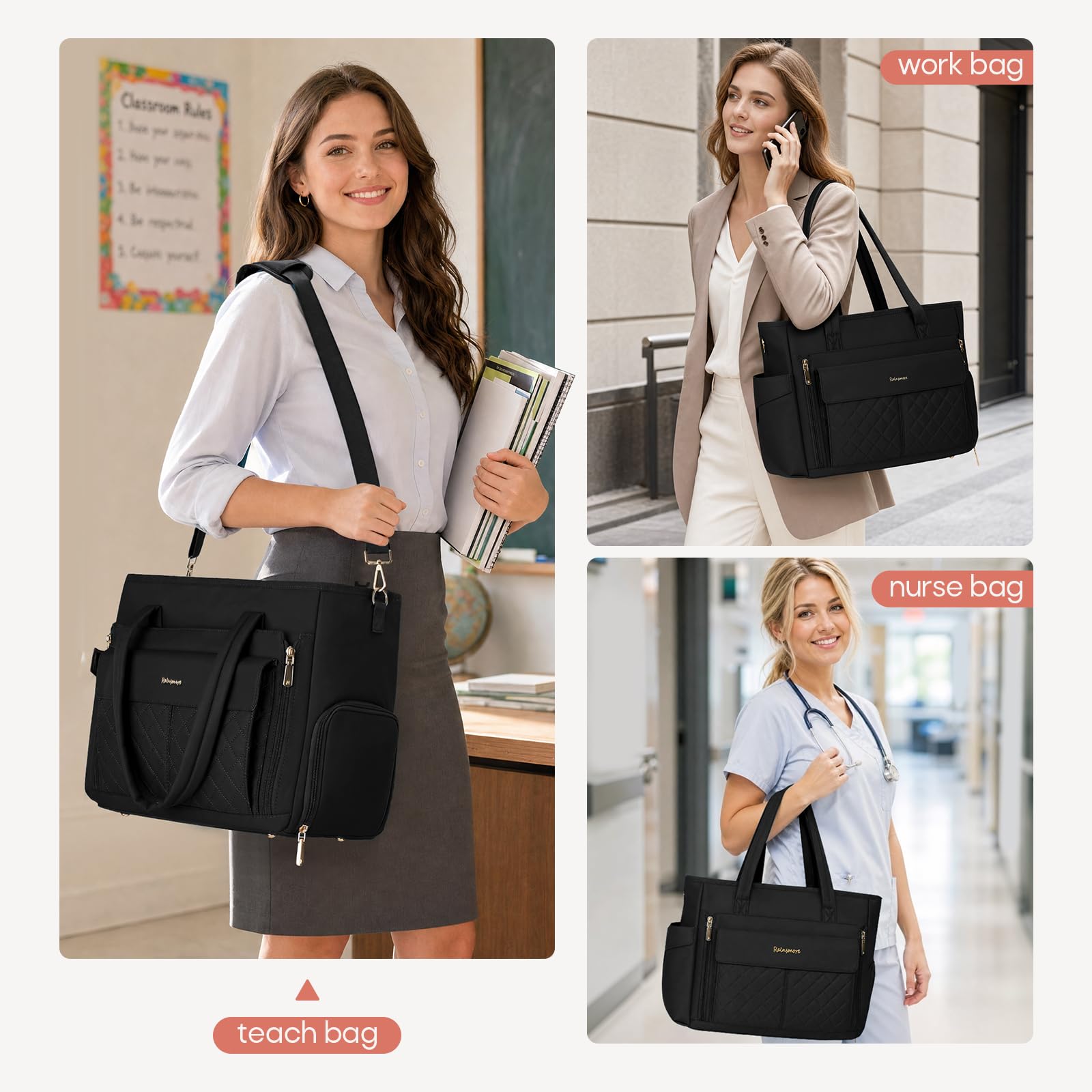 RAINSMORE Borsa da Lavoro Donna con Scomparto Termico per Pranzo | Borsa Porta PC 15,6 Pollici Grande Capacità, Borsa Insegnante Impermeabile per Ufficio, Scuola, Università e Viaggio