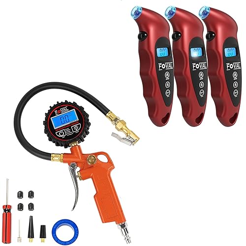 FOVAL Paquete de 3 medidores digitales de presión de neumáticos de 150 PSI e inflador digital de neumáticos con manómetro de 250 PSI para compresor