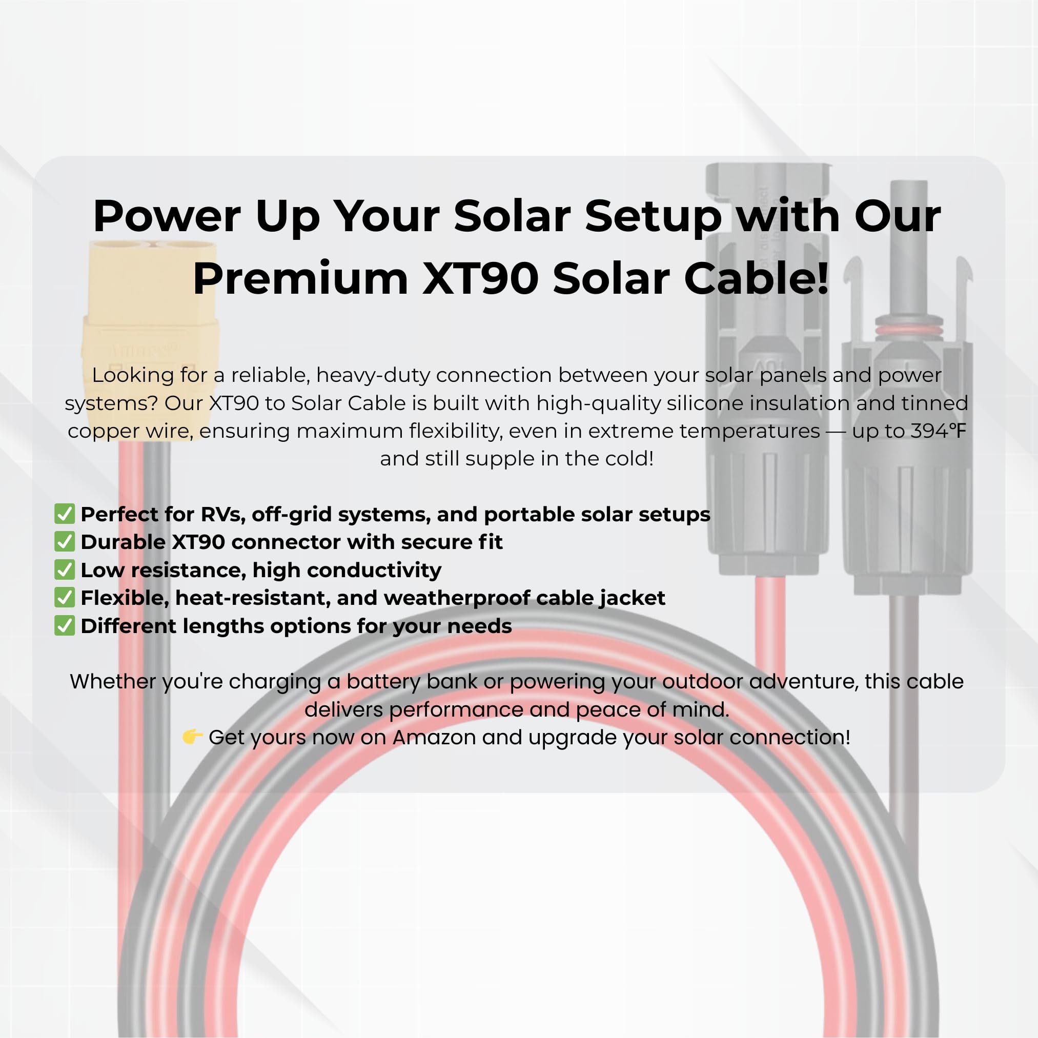 Cable solar XT90 hembra de 10 pies, 10 AWG, conector XT90, cable de carga de panel solar, cable de silicona para generador solar, estación de energía portátil