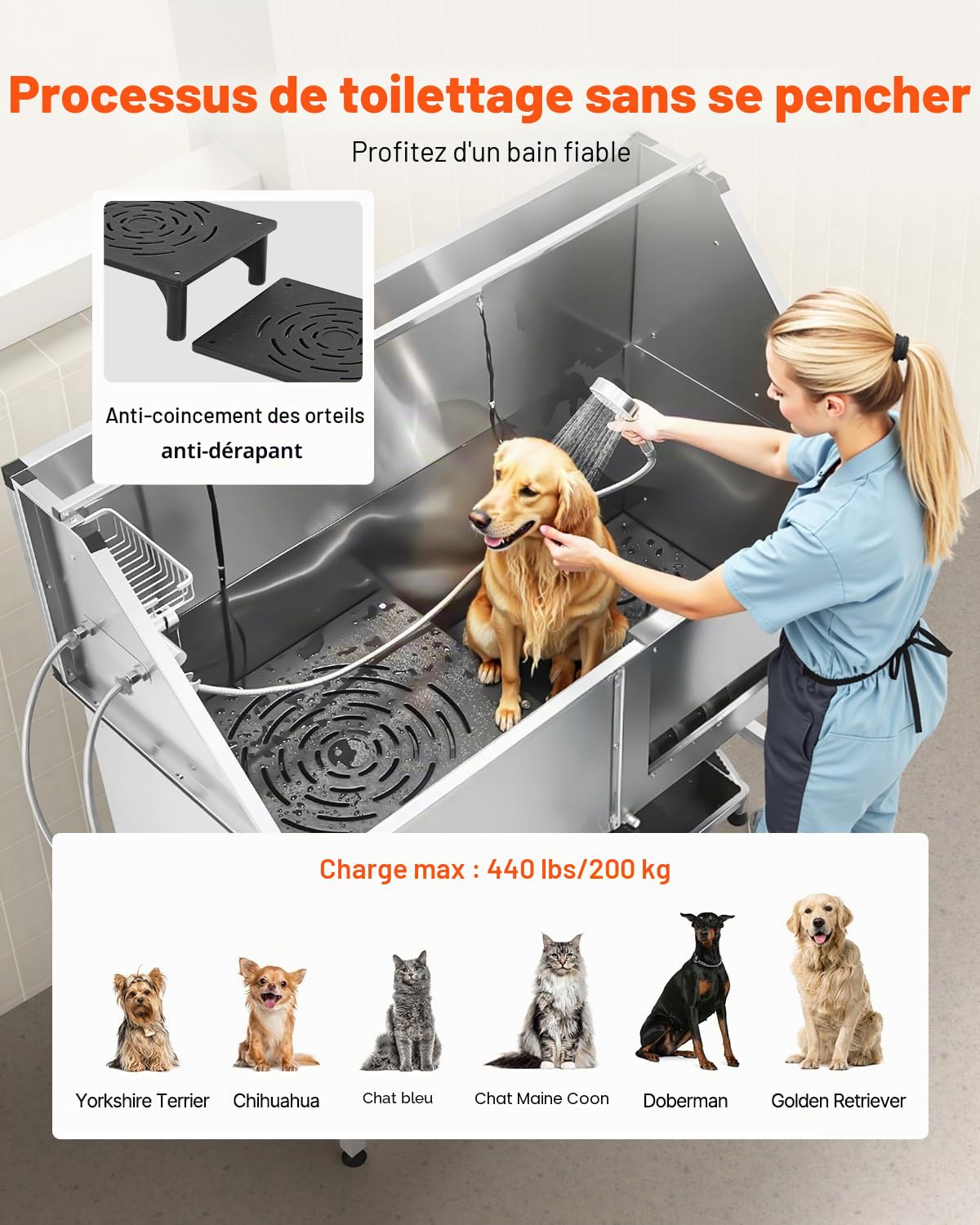 VEVOR Baignoire de Chien Acier Inoxydable, Baignoire de Toilettage pour Animaux de Compagnie 150 cm Station de Lavage Chat, avec Escalier, Panneau Filtre à Eau, Robinet, Pommeau Douche, Porte Droite