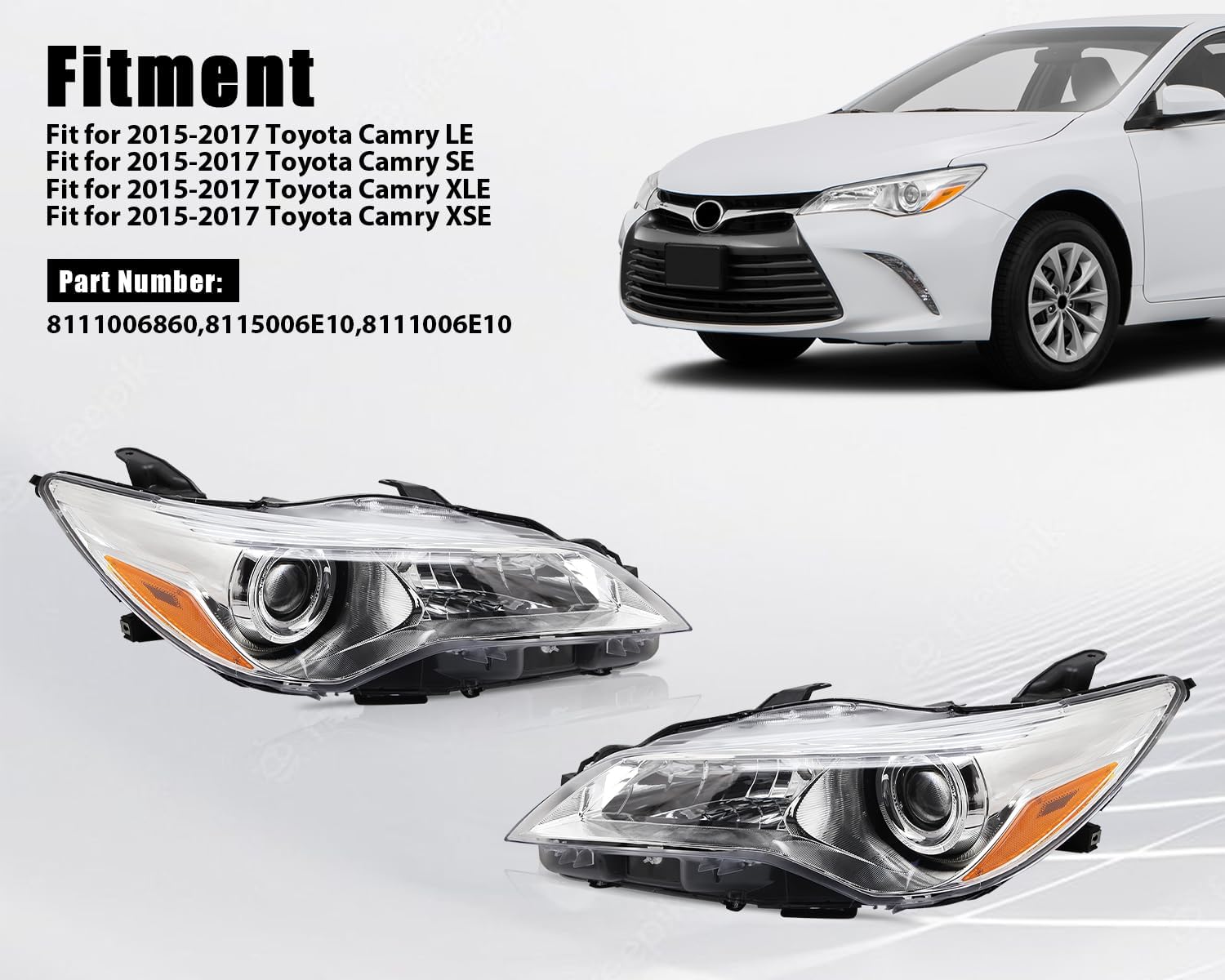 Headlight Assembly Compatible with 2015 2016 2017 Toyota Camry LE SE XLE XSE Chrome Housing Clear Lens Replacement Left & Right Side Pair
