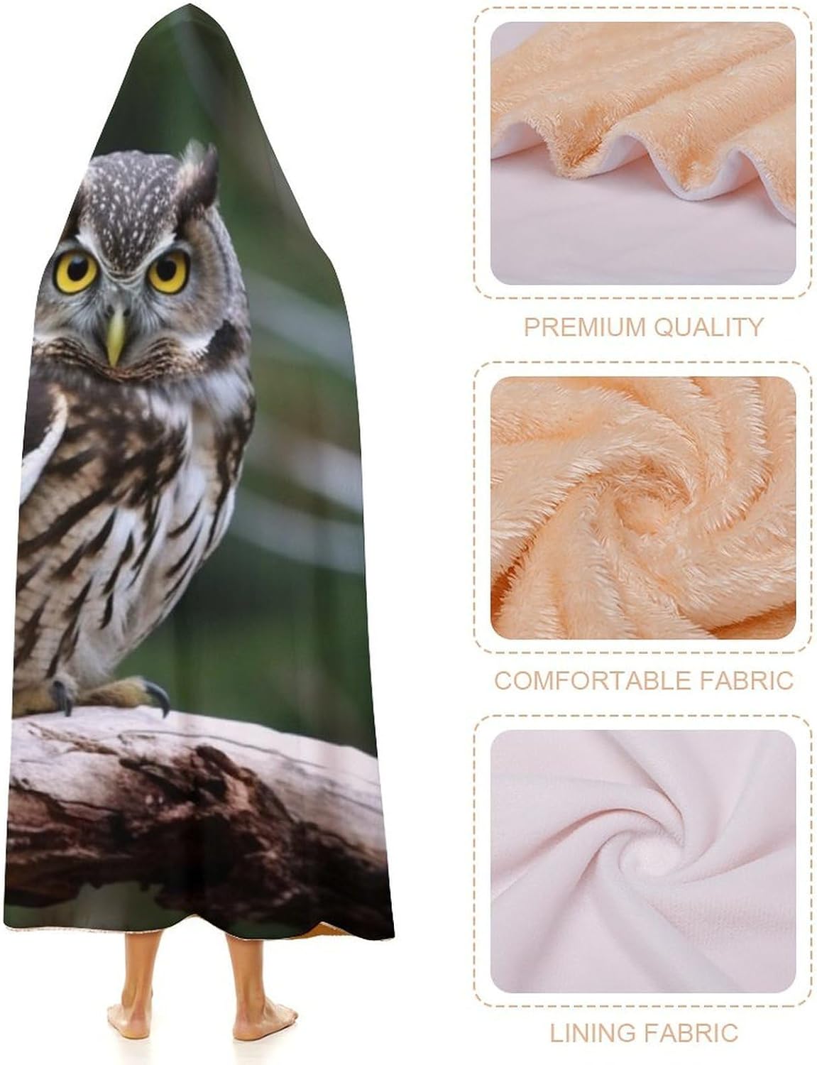 Wild Owl Birds Wearable Fleece Blanket with Hood for Men & Women Oversized Hoodie Blanket Soft Cozy Gift-