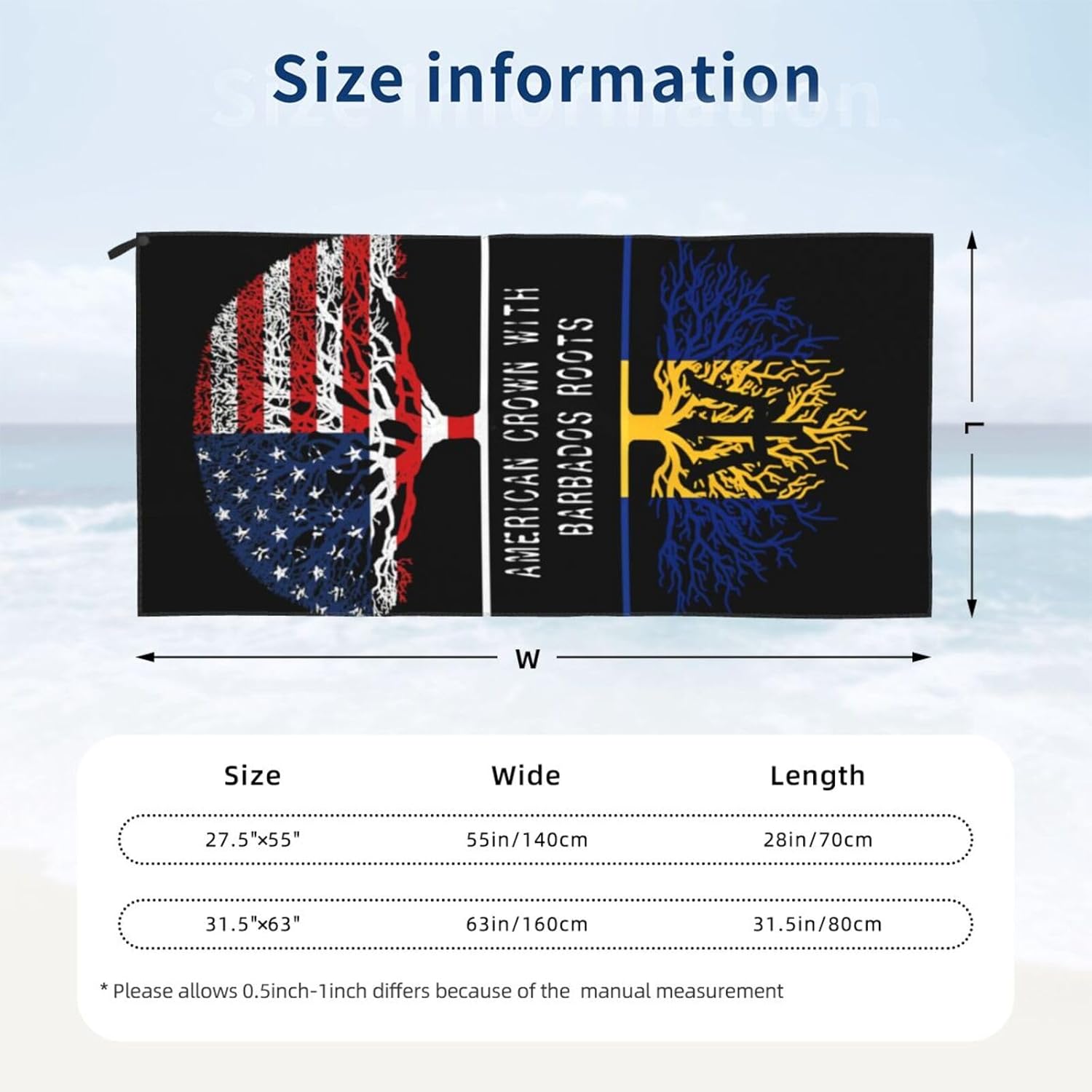 American Crown with Barbados Roots Microfiber Beach Towels,Superfine Fiber 3D Print Beach Towel Quick Dry Towel for Swimming Camping Compact Large Beach Towel 31.5"X63"Inch