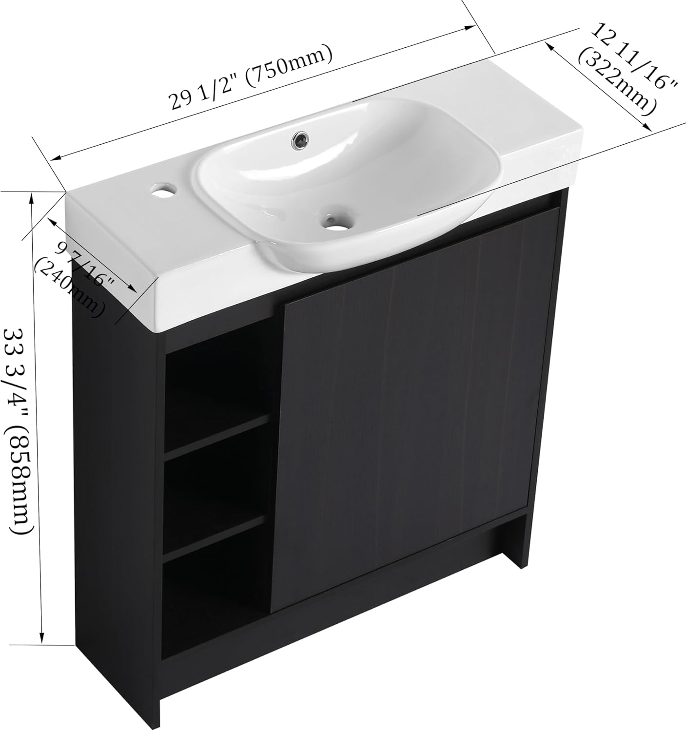 30" Wall-Mounted Bathroom Vanity with Ceramic Sink, Modern Floating Vanity with Soft-Close Door, 3 Open Storage Shelves, Easy to Clean Contemporary Home Bathroom Cabinet