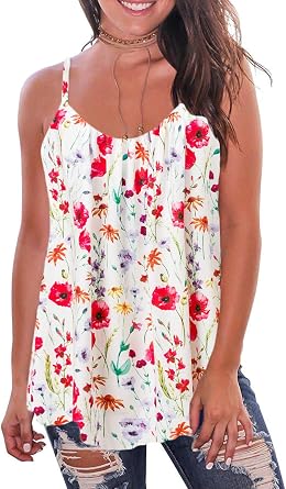 Kaei&Shi Print Long Vest,Flowy Tank Top for Women,Loose Cami,Pleated Dressy Swing Spaghetti Strap Camisole