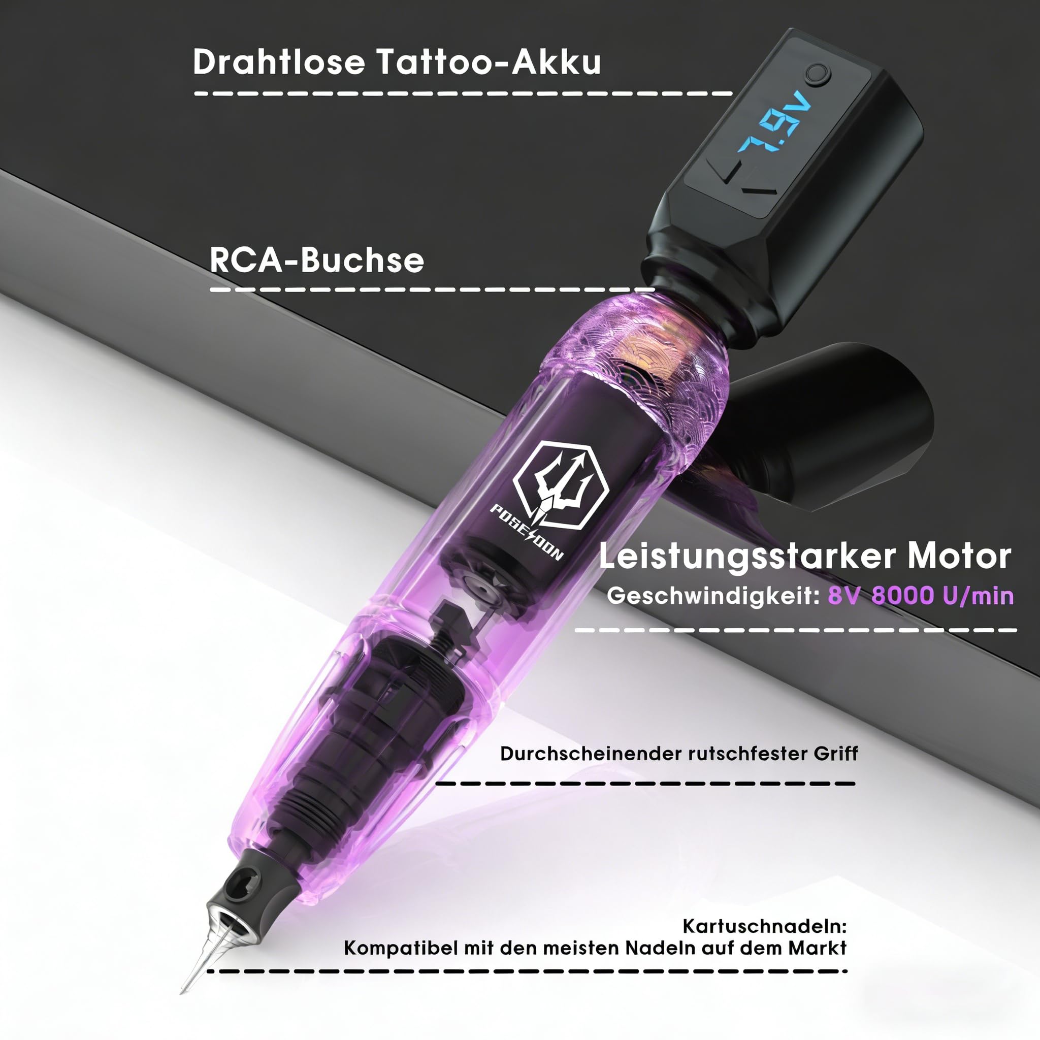 POSEIDON Kabelloses Tattoo-Pen-Set mit 2 langlebigen Akkus & komplettem Starter-Zubehör | Professionelle kabellose Tattoo-Maschine für Anfänger | Inklusive 20 Nadeln, Farben, Übungshaut