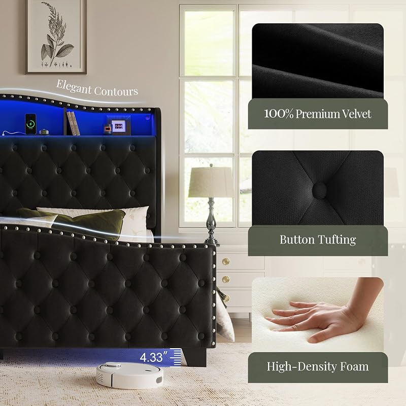 Belffin Platform Bed Frame with 50.9" LED Headboard, King Black image 6
