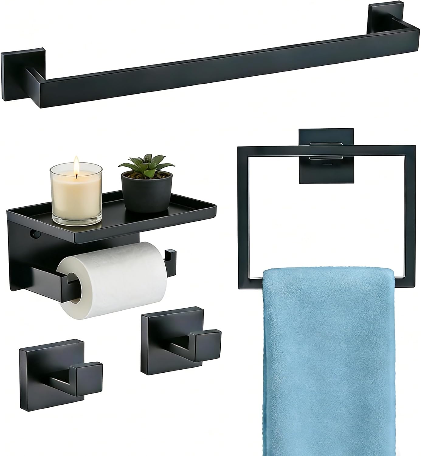 5-Pieces Matte Black Bathroom Hardware Accessories Set,SUS304 Stainless Steel Wall Mounted 16 Inch Hand Towel Bar,Towel Racks for Bathroom, Bath Towel Bar Set Wall Mounted